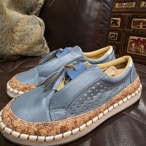 Blue Leather Sneakers with Cork Sole
